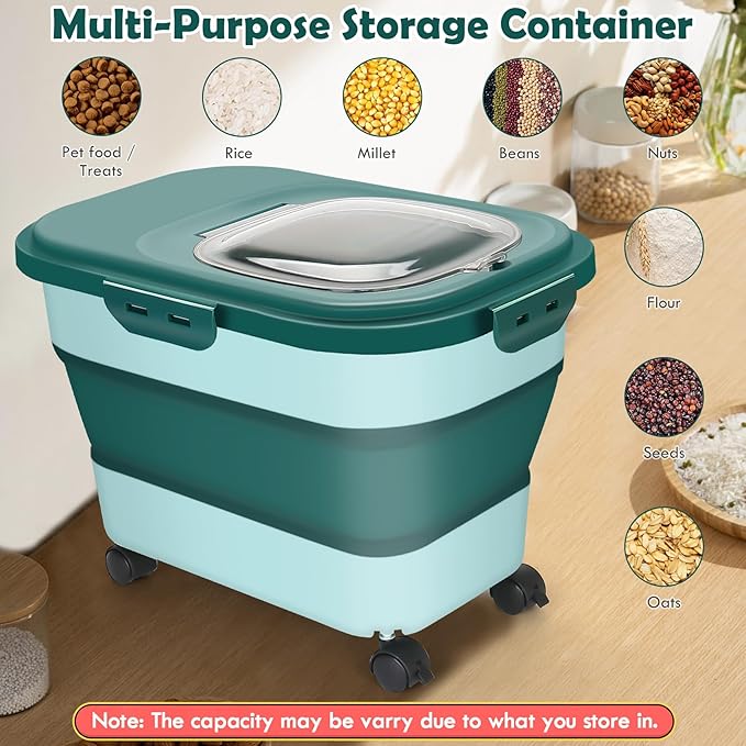 Rice Storage Container, 20Lbs Flour Container, Airtight Large Pet Dog Cat Food Storage Dispenser Bin with Wheels, Scoop & Measuring Cup, Collapsible Kitchen Dry Food Holder for Rice Cereal Kibble