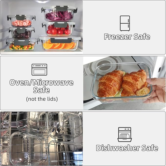 C CREST Food Storage Glass Containers Set of 12 with Locking Lids, Multi-Size, Airtight Seal for Freshness, Perfect for Meal Prep and Storage