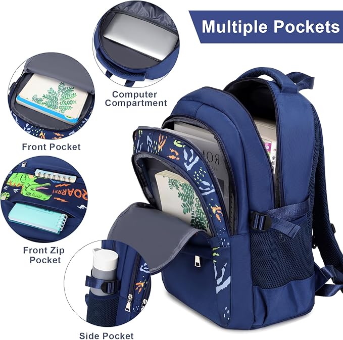 Boys Backpack - Dinosaur Bento Box with Insulated Lunch Bag Pencil Case & Utensils Set for Kids, 6 Leakproof Compartments Removable Tray Lunches or Snack Container