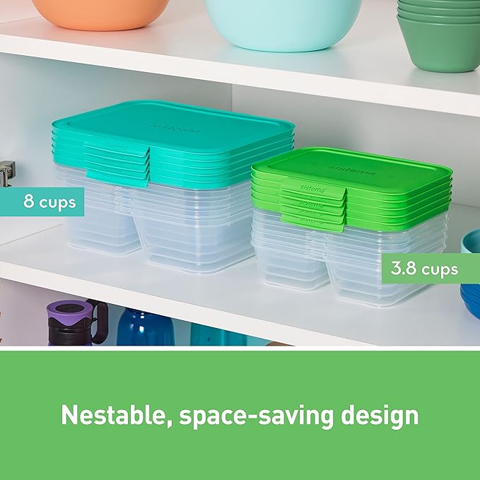 Sistema Nest It Meal Prep Food Storage Containers with Lids, 2 Compartments, 3.7 Cups, Plastic, 10-Pack, Green