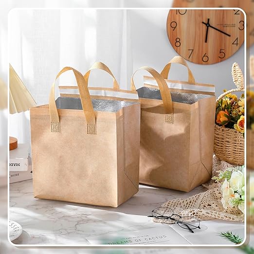 Kacctyen 100 Pcs Insulated Take Out Bags Bulk 9.5 x 6 x 9.5 in Thermal Insulation Food Bag for Coffee, Milk Tea, Hot Cold Food, Delivery Cooler Bag for Catering Restaurant Grocery Picnic (Kraft Color)