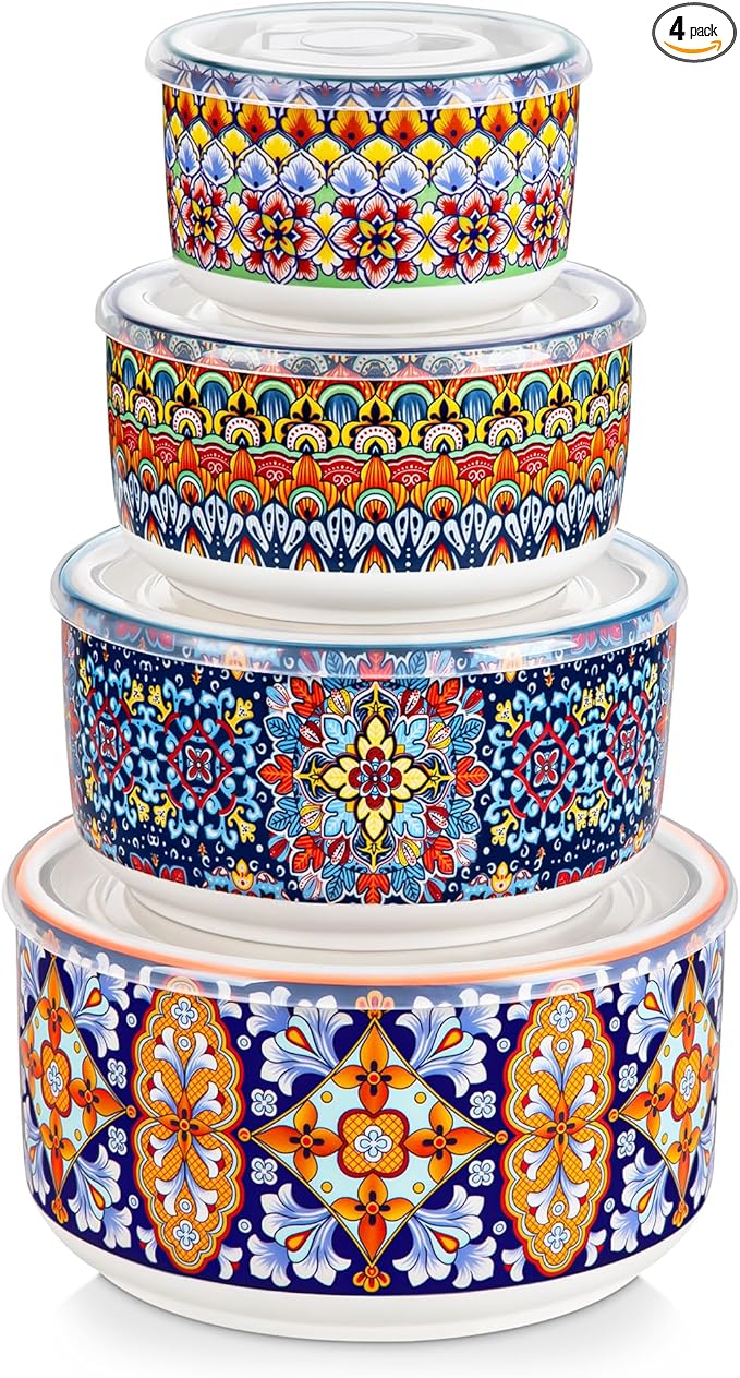 vancasso Mixing Bowls with Lids Set of 4, Ceramic Nesting Bowls Serving Bowl for Food Storage, Microwave and Dishwasher Safe, 60/36/20/10 OZ, Series SIMI