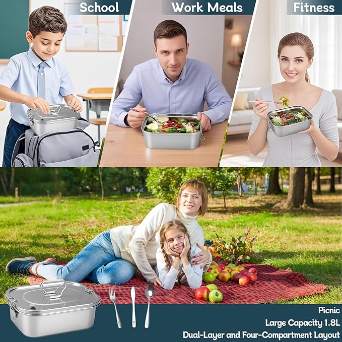 304 Stainless Steel Bento Box Leakproof 3-Compartment Tray, 1800ml Stainless Steel Lunch Box with Airtight Valve Handle, Including Utensil Set (Fork/Knife/Chopsticks) for Travel, Work.