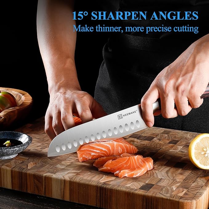 KEEMAKE Santoku Knife 7 Inch - Ultra Sharp Kitchen Knife with High Carbon Stainless Steel Blade Japanese knife, Santoku Chef Knife with Ergonomic Pakkawood Handle and Gift Box Included