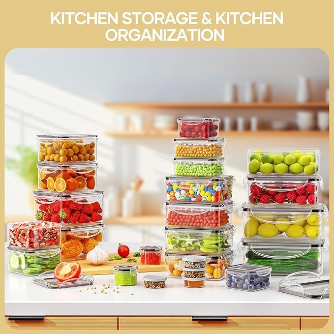 50-Piece Food Storage Containers with Lids (25 Containers & 25 Lids), Airtight Reusable Meal Prep Containers for Lunch, Plastic Kitchen Storage Containers with Labels & Marker Pen