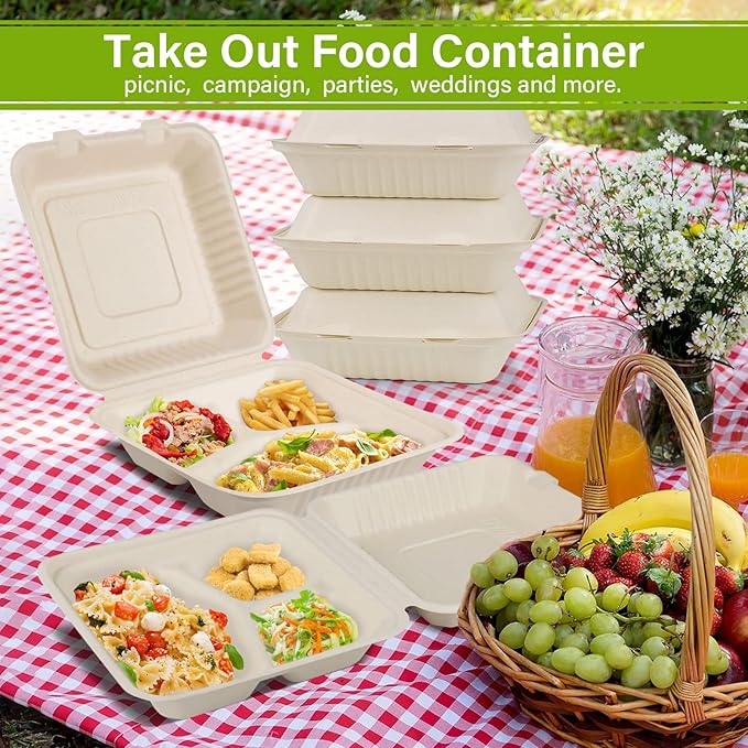 Greensight Compostable Take Out Container 8x8, Disposable To Go Food Boxes With 3 Compartments, Biodegradable Clamshell Container, Eco-Friendly Made From Sugarcane Fibers
