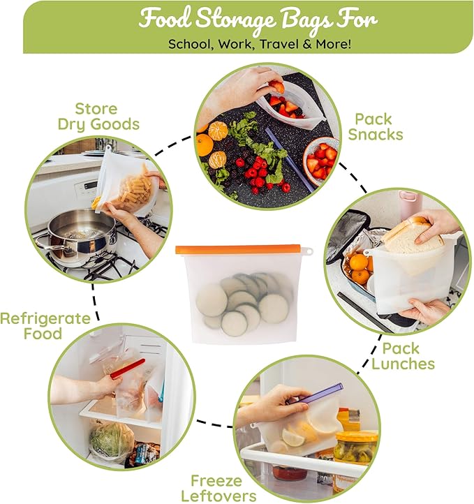 WeeSprout 100% Silicone Reusable Food Storage Bags - Set of 6 Leakproof & Airtight Pouches (Two 6 Cup, Two 4 Cup, and Two 2 Cup), Freezer, Microwave, & Dishwasher Friendly, for Lunches and Snacks