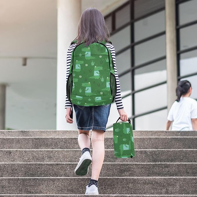 Emelivor Green Crocodiles Leave Kids Backpack for Girls Boys School Bookbag with Insulated Lunch Box for Hight Middle School Teen Girls Backpacks