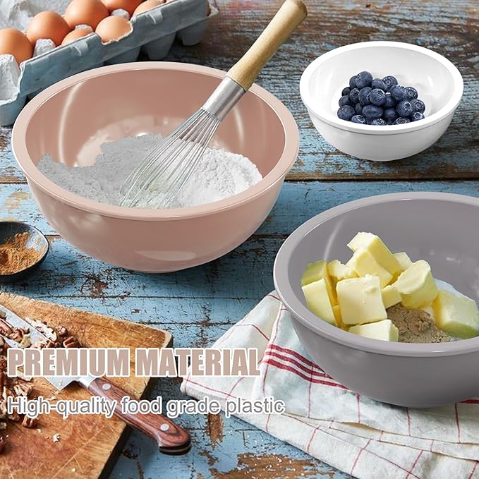 Umite Chef Nesting Mixing Bowls Set with Airtight Lids, 18 Piece Plastic, Includes Measuring Cups, Mixing Bowl Set Great for Mixing, Baking, Serving, Dishwasher (Khaki)