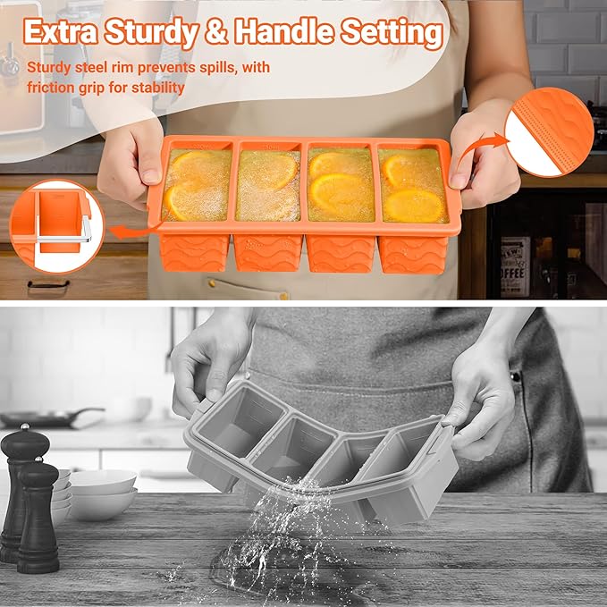 Silicone Freezer Tray for Soup with Lid – 1-Cup Soup Container Style Ice Cube Trays for Freezer, Meal Prep & Food Storage, Freeze 250mL/125mL Portions – 2 Pack