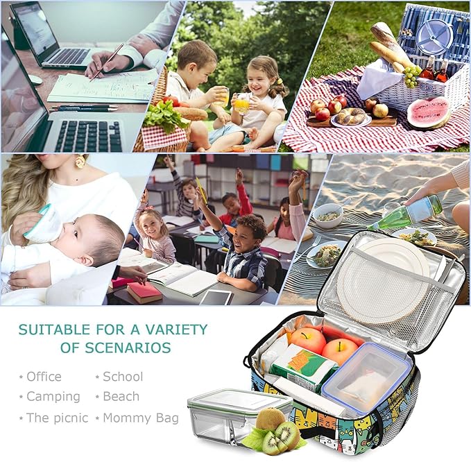MNSRUU Student Lunch Bag Cute Cat Insulated DinnerTotes Picnic Bag Lunch Box with Adjustable Shoulder Strap for Teen Kids Adults