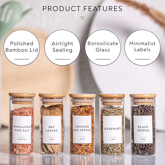 Laramaid 4oz 20Pack Spice Jars with Minimalist Spice Labels, Round Jar Canisters with Polished Bamboo Lids, Adjustable Measuring Spoon, Black Pen, Cleaning Brush & Collapsible Silicone Funnel