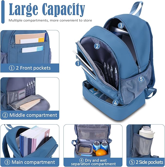 NOL Natural Organic Lifestyle Kids 2-in-1 Backpack & Insulated Lunch Bag-16"Multi-Functional Large Compartments Backpack for School & Travel, Double Deck, Water Resistant, Leak-proof,Padded-Dusty blue