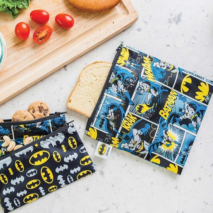 Bumkins Reusable Sandwich and Snack Bags, for Kids School Lunch and for Adults Portion, Washable Fabric, Waterproof Cloth Zip Bag, Travel Pouch, Food-Safe Storage, Large, DC Comics Batman