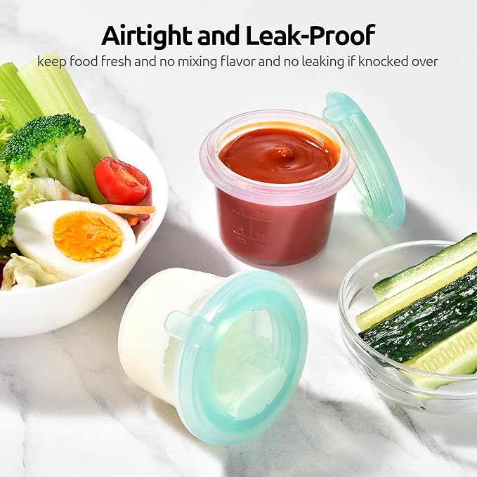 U-Taste 2oz×2 Silicone Food Containers Set: Mini Kitchen Storage with Airtight Lid, Freezer & Microwave Safe, Dip Box with Date Marking Circle, Clear Stackable for Nut, Sauce, Condiment (Aqua Sky)