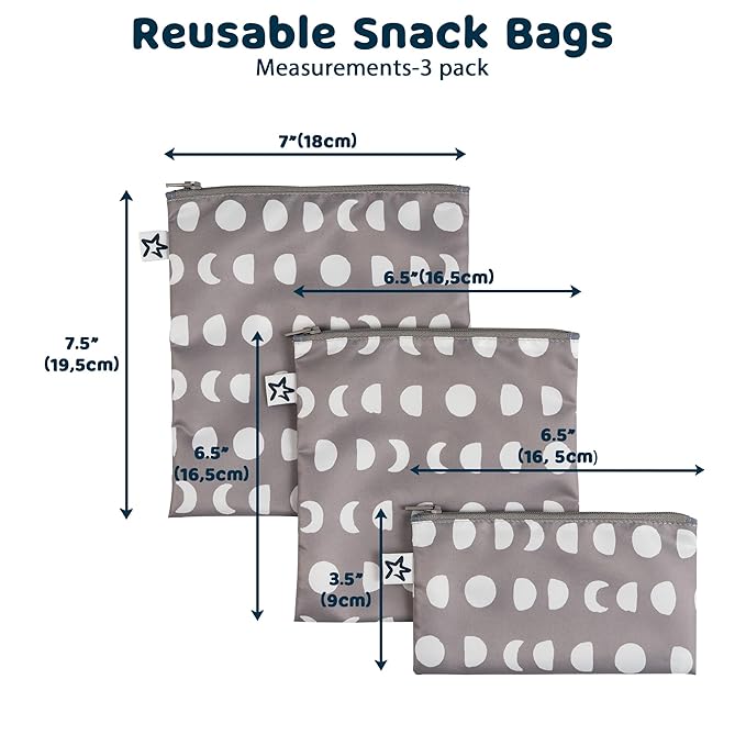 Tiny Twinkle 3 Pack Reusable Snack Bags - Machine Washable, PFAS, PVC, BPA, Phthalate-Free Reusable Baby and Toddler Food Safe Snack Bags (Luna)