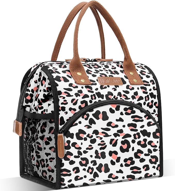 LOKASS Lunch Bag Women Insulated Lunch Box Wide-Open Lunch Tote Bag Large Cooler Bag for Work Picnic Hiking Beach Fishing(Leopard)