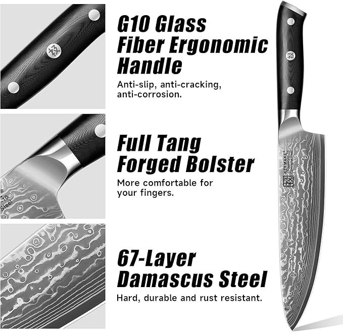 KEEMAKE Damascus Kitchen Knife Set 2 PCS, Ultra Sharp 67 Layer Damascus Steel Chef Knife and Paring Knife, Knives Set for Kitchen with G10 Non-slip Handle for Meat Vegetable Fruit