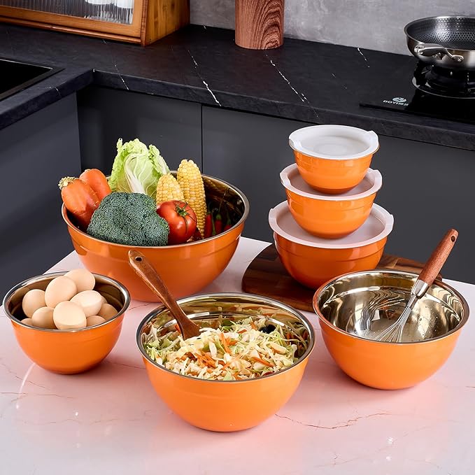 Orange Mixing Bowls With Airtight Lids,Stainless Steel Bowl,Salad Bowls 7 Piece Colorful Nesting Bowl Rainbow Kitchen Accessories,Size 7,3.6,2.7,2.1,1.5,1.1,0.8QT Stackable Design