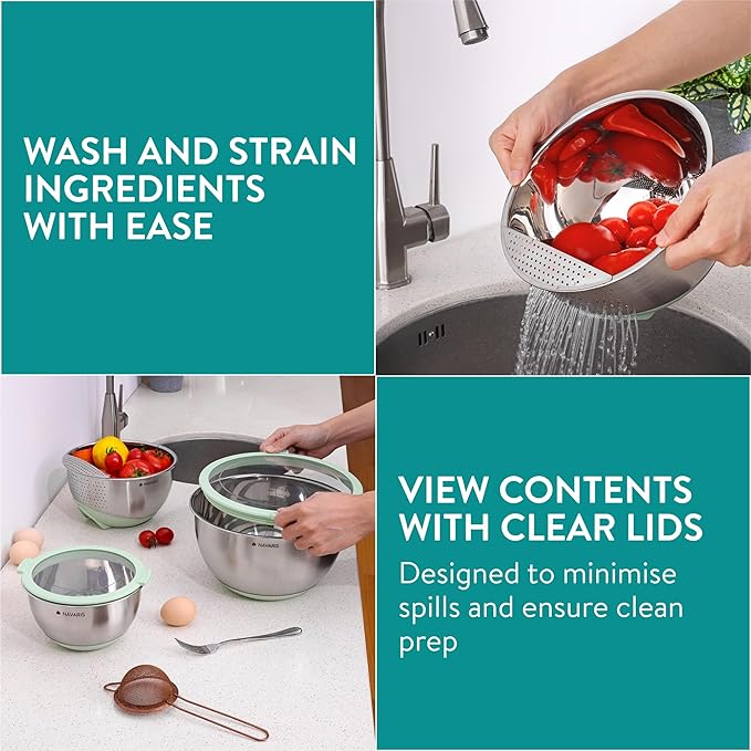 Navaris Set of 3 Stainless Steel Bowls with Lids & Colander - Large & Small Bowl with Lid & Non-Slip Base - Ideal for Mixing, Baking, and Serving Salad & Fruit - Metal & Mint Green