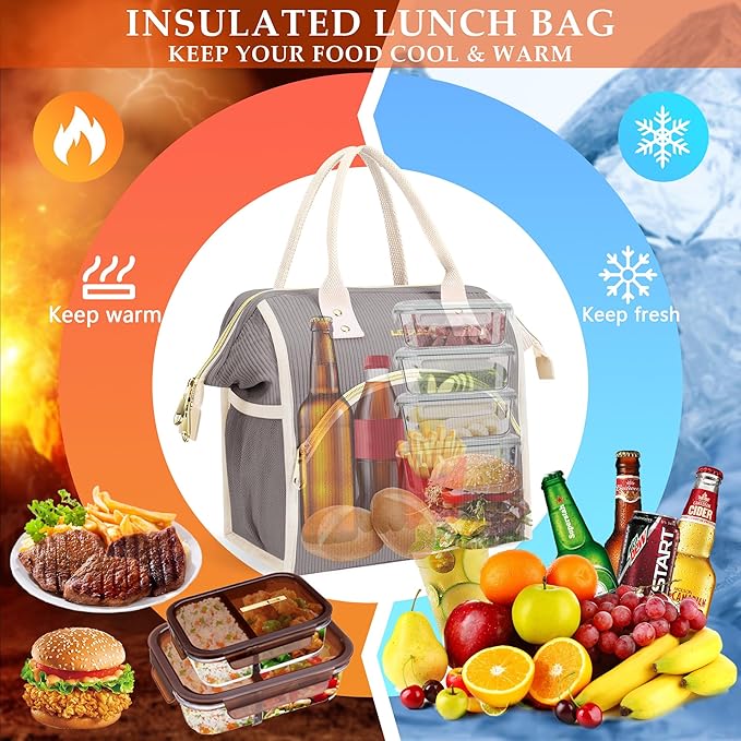 LOKASS Lunch Bag Women Insulated Lunch Box Wide-Open Lunch Tote Bag Large Cooler Bag for Work Picnic Hiking Beach(Dark Gray)