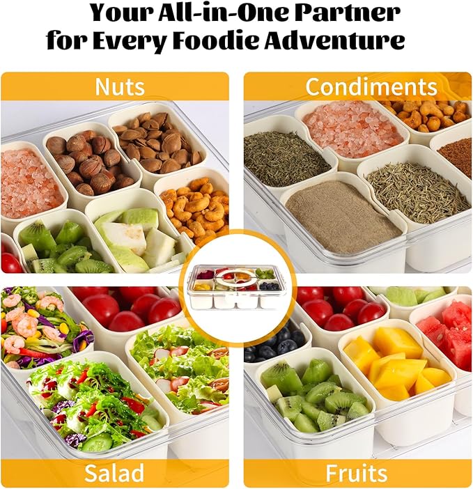 Divided Snackle Box Container - 8 Compartments serving tray with Lid and Handle - Reusable Refrigerator Snack Fruit Veggie Tray - Airtight Kitchen Food Storage Organizer Travel Nuts Candies