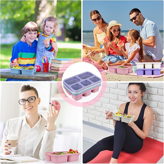 MaMix Bento Box Adult Lunch Box, 5 Compartment Snack Box for Adults 4 Pack, Reusable Stackable Snack Containers for Kids Adults with Utensils, for School, Work, and Travel (Wheat)