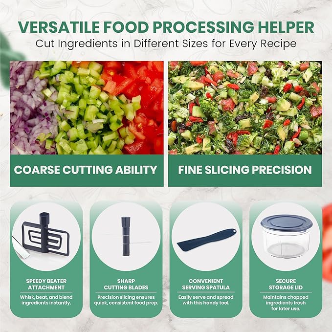 Manual Food Processor - 5 Cup (1.2L) Capacity Hand Pull String Garlic Chopper, Manual Food Chopper with Pull Functionality, Pull Chopper and Vegetable Cutter for Effortless Cooking