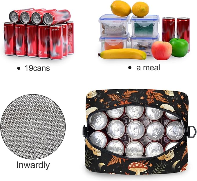 MNSRUU Insulated Lunch Bag Mushrooms Skull Women Men Fabric Dinner Tote Cooler Bag Reusable Leakproof Lunch Box with Adjustable Shoulder Handles Strap For Work School
