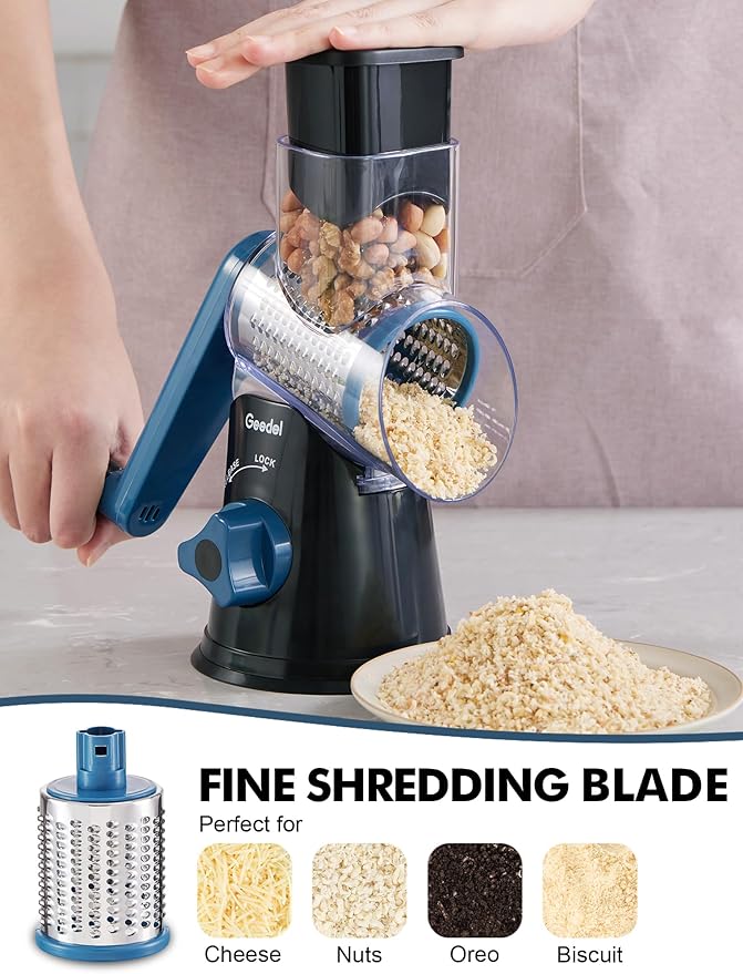 Geedel Rotary Cheese Grater, Kitchen Mandoline Vegetable Slicer with 3 Interchangeable Blades, Easy to Clean Rotary Grater Slicer for Fruit, Vegetables, Nuts, Black