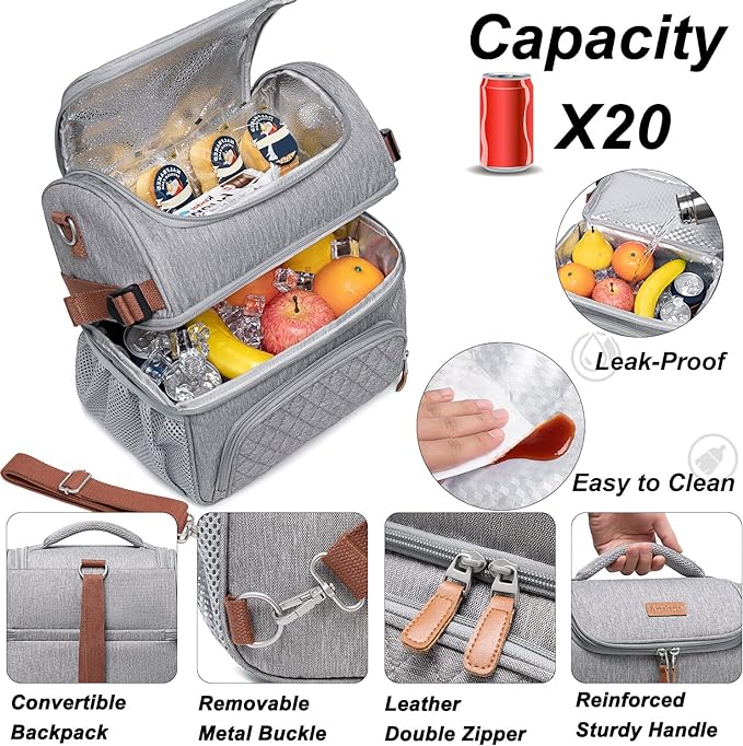 Artelaris Lunch Bag for Men Women, Large Double Deck Lunch Box Tote for Work, Dual Compartment Insulated Leakproof Lunchbox Cooler for Adult with Shoulder Strap & Side Pocket for Picnic Hiking Outdoor