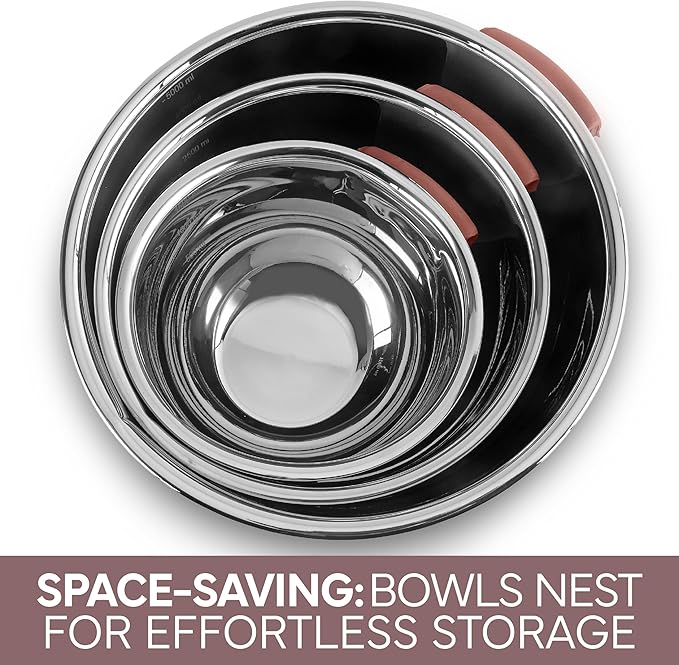 COOK WITH COLOR Stainless Steel Mixing Bowls Set and Measuring Cups- Nesting Bowls with Non-Slip Bottom and Easy-Grip Handles, Rose, 11 Pieces
