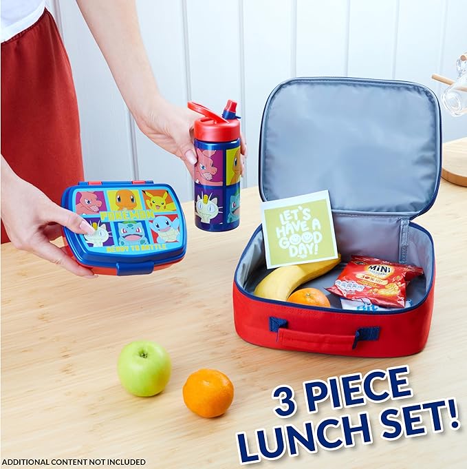 Pokemon Kids Insulated Lunch Bag, Lunch Box and Water Bottle, 3 Piece Set (Red/Blue)