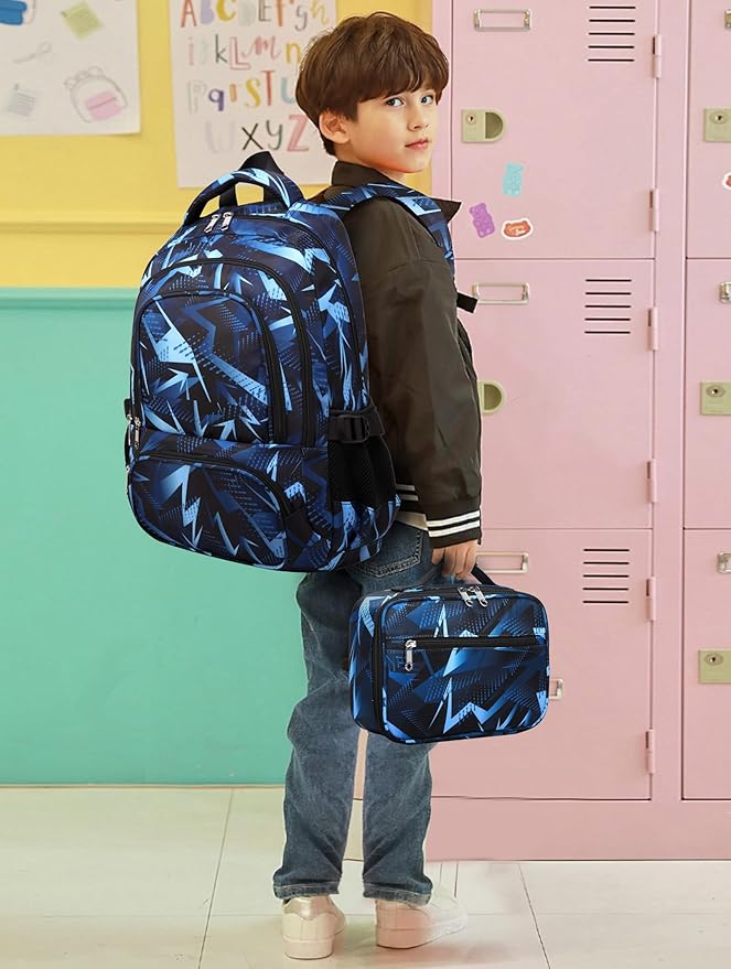 BLUEFAIRY Boys Backpack with Lunch Box Set for Kids Primary Elementary School Bags with Insulated Lunch Bags Back to School Bookbags Gifts for Son Grandson Aegean Blue