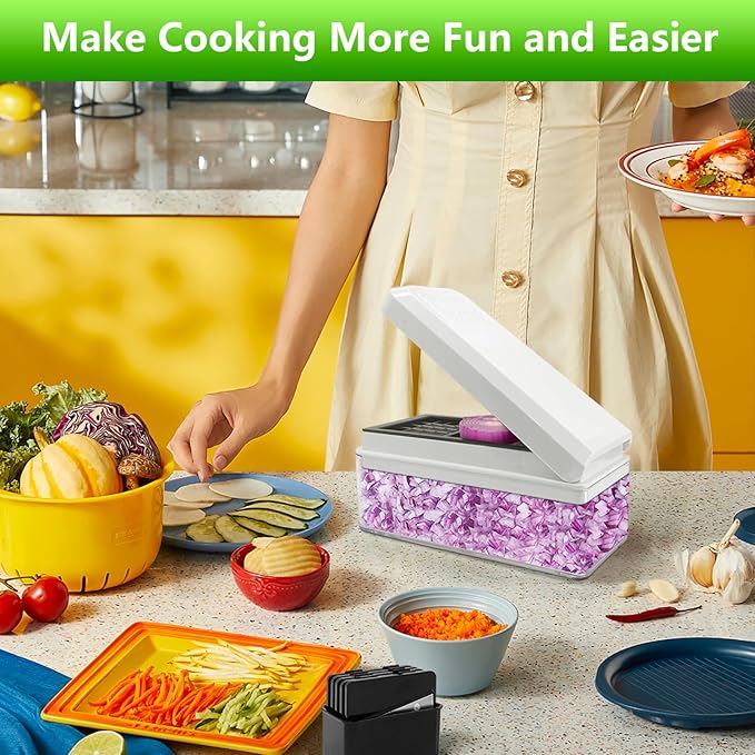 Vegetable Chopper, Onion Chopper Dicer, Mandoline Slicer, Food Chopper with Container, Vegetable Cutter for Salad Potato Carrot Garlic(2 Blades, White Black)