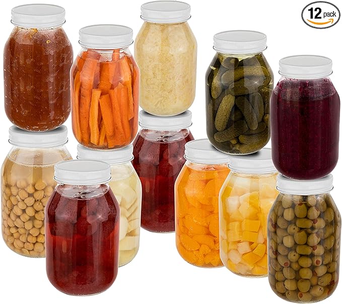 12 Pack of 32oz Regular Mouth Jelly Jam Glass Mason Jars and Metal Airtight Lids for Pickling, Fermenting, Canning and Storing. Containers for Pickles, Kombucha, Preserves, Sauces, Kefir, Fruits