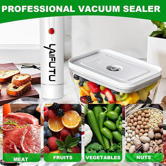 Vacuum Sealer with 5 PCS Reusable Sous Vide Bags, Handheld Compact Vacuum Sealer For Food Preservation, Portable Cordless Sealer Machine Food Fresh for Preserving Vegetables, Fruits, White