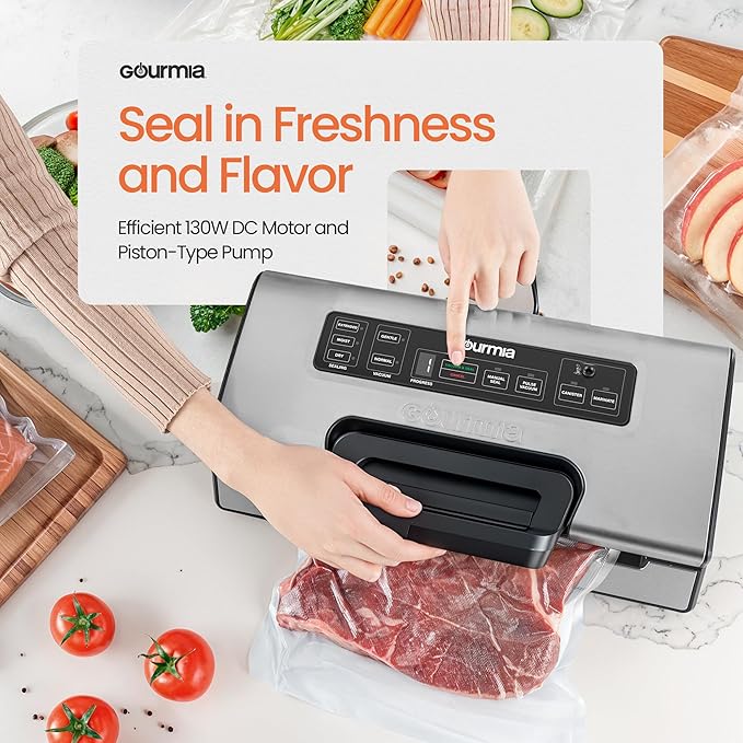Food Vacuum Sealer Machine | High Vacuum Speed at 15 L/minute | Compact & Portable Vacuum Sealer for Food | Built-in Cutter & Roll Bag Storage | Food Bag Sealer with Stainless Steel Cover | Gourmia