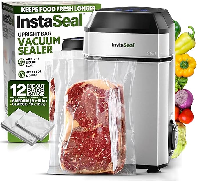 InstaSeal Vacuum Sealer for Food with 12 Bags, Compact Upright Food Vaccum Sealer Machine Allows to Seal Marinades, Soups, Vegetables, Meats for Sous Vide Cooking, Saver Keeps Food Fresher Longer
