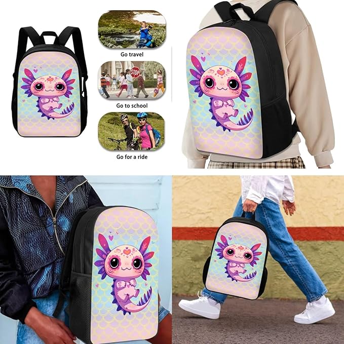 Dolyues Scale Axolotl 17-Inch Girls' 3-Piece Backpack Set - Waterproof School Bag with Lunch Box and Pencil Case - Perfect Travel Gift for School