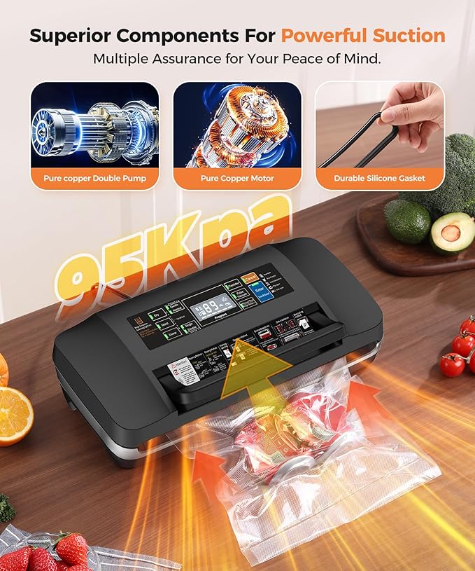 95kpa Vacuum Sealer Machine,Commercial Full Automatic Food Sealer,Powerful Sealing System with Double Heat Seal,Bags Storage, Easy-Lock Handle,Build-in Cutter,1 Bag Rolls & 10 pcs Pre-cut Bags(Silver)
