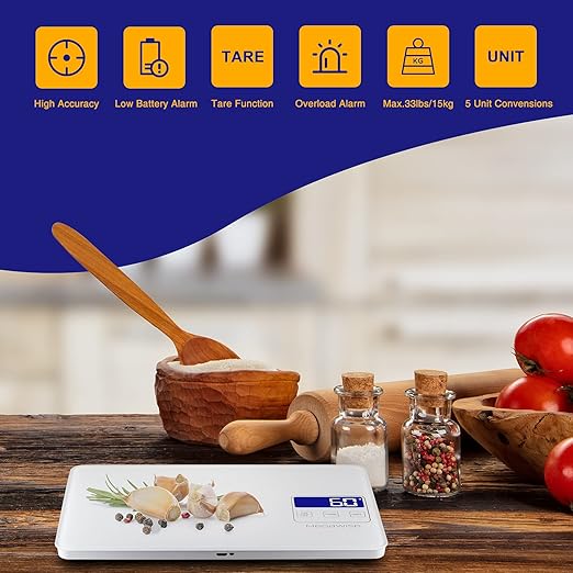MEGAWISE Digital Kitchen Scale,33lb/15kg Food Scale with LCD Display,5 Units with Tare Function, Weight Grams and Oz for Cooking Baking,1g/0.04oz Precise Graduation,Waterproof Tempered Glass