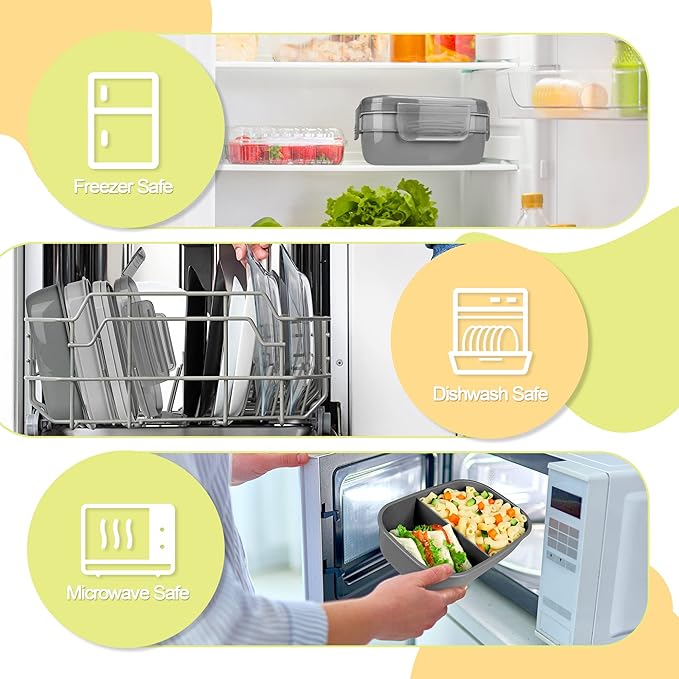 Bento Box Adult Lunch Box, 3-in-One Stackable Lunch Box Kids, 8 Compartments & Utensil Set Bento Lunch Box for Kids/Adults, Leak-Proof Bento Boxes for Work, Picnic, School (Gray)