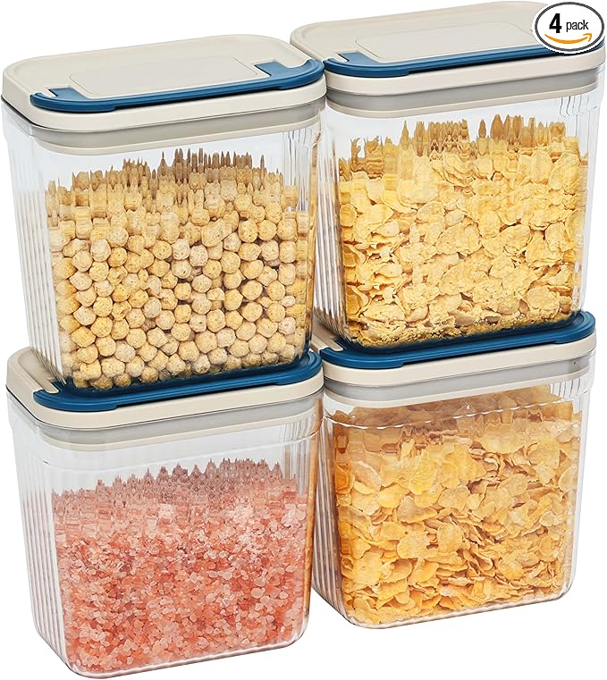 Flip-Lock Airtight Storage Containers Set 4 x 1.6 Qt, Food Container with One-hand Leak Proof Lid, Kithchen Pantry Canisters for Sugar Coffee Snacks Dog Treat, Rectangle, White