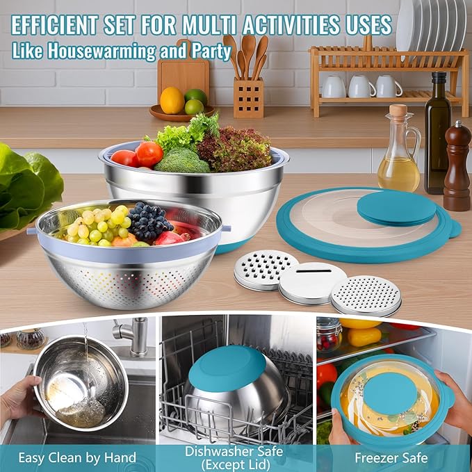 P&P CHEF 4-In-1 Stainless Steel Colander with Bowl Set, Rotatable Strainers for Kitchen, Fruit Cleaner, Washing Fruit & Draining Pasta, Mixing Bowl and Lid with Grater for Salad, Blue