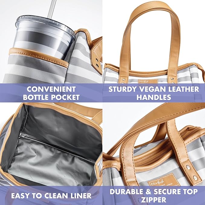 Fit & Fresh Lunch Bag For Women, Insulated Womens Lunch Bag For Work, Leakproof & Stain-Resistant Large Lunch Box For Women With Containers and Matching Tumbler, Zipper, Westerly Lunch Bag, Grey Strip