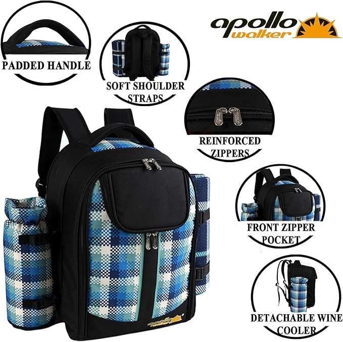 apollo walker Picnic Backpack Bag with Cooler Compartment, Detachable Bottle/Wine Holder, Fleece Blanket, Plates and Cutlery Set (4 Person, Black)
