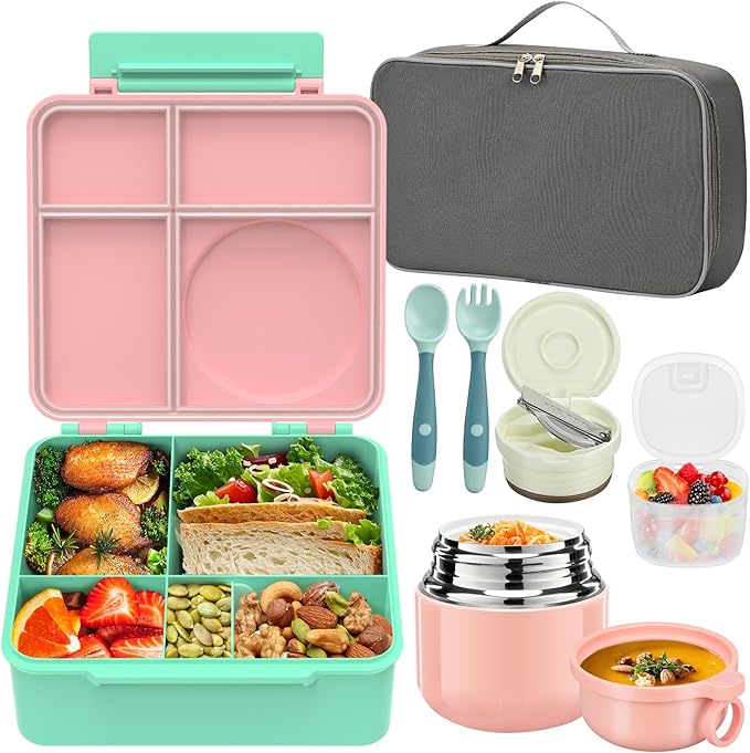 Bento Lunch Box for Kids with 12oz Soup Thermo, Leak-Proof Lunch Containers with 5 Compartments, Insulated Lunch Bag, Thermo Hot Food Jar with Spoon for Kids to School, Travel, Pink