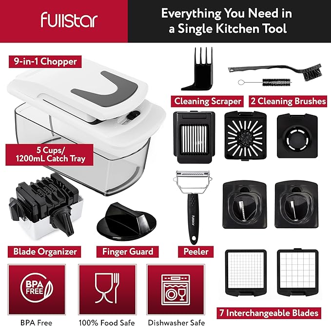 Fullstar Vegetable Chopper and Spiralizer - Food Chopper with Container, Fruit Slicer, Kitchen Gadgets & Accessories, Home Essentials (9 in 1, White)