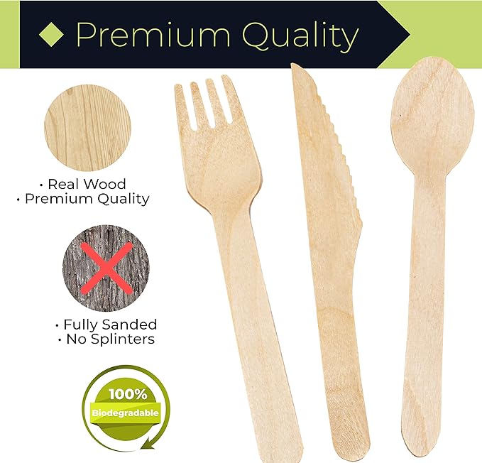Disposable Wooden Cutlery Set – 50 Set Combo Pack Camping Utensils (Fork, Knife, Spoon, Paper Straw and Napkin) Compostable Birch Wood Bio Degradable Alternative to Plastic Spoons for Camping Picnic